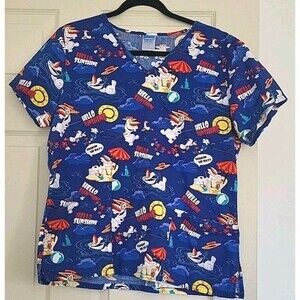 Disney Olaf Women’s Scrub Top Sz M V Neck Blue Multi “Hello Sunshine”